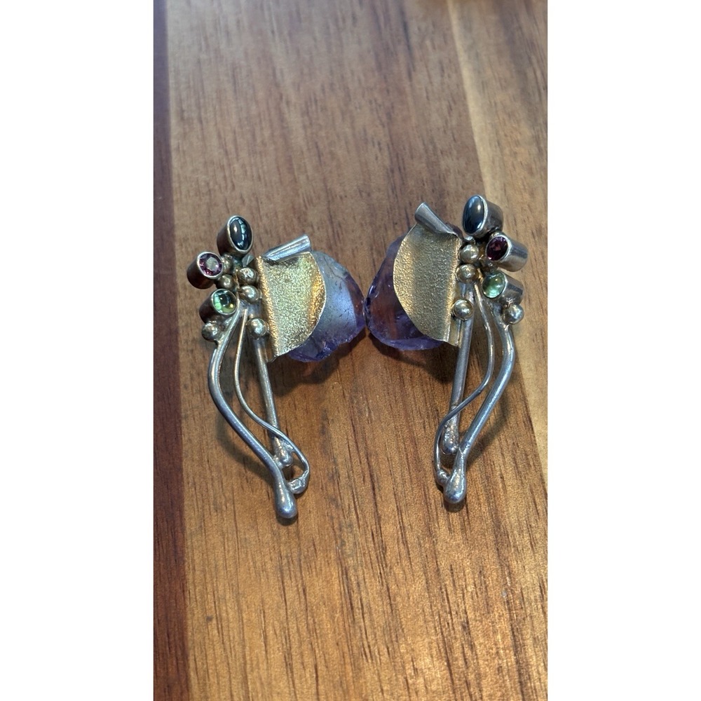 Artisan Earrings Sterling Silver Rough Amethyst Garnet Peridot Hematite 925